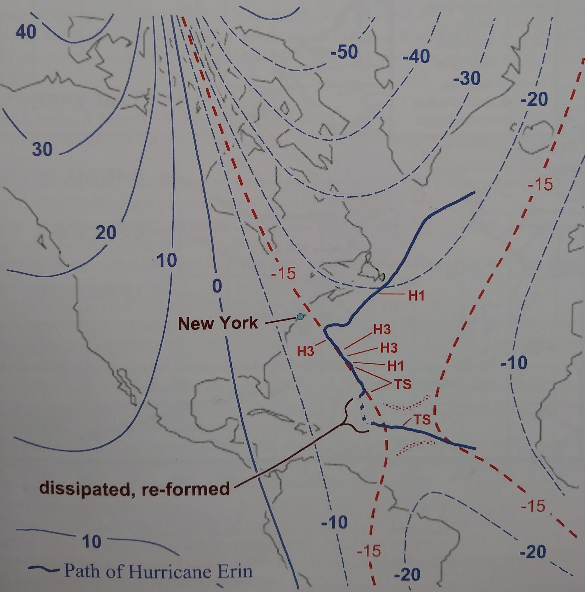 Magnetic declination map showing Hurricane Erin's path trending along isogonic geomagnetic contour geometry during synoptic trap